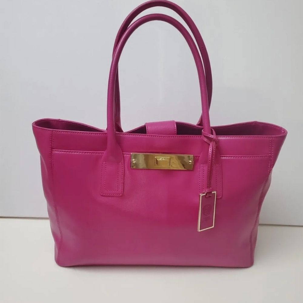 Vince Camuto Fuchsia Pink Saffiano Leather  Tote/Shoulder Purse-Gold Hardware